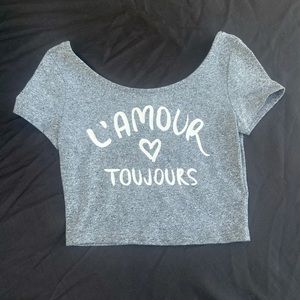 H&M 2014 TUMBLR Light Gray Scoop Neck Baby Crop Tee "Love Always" in French